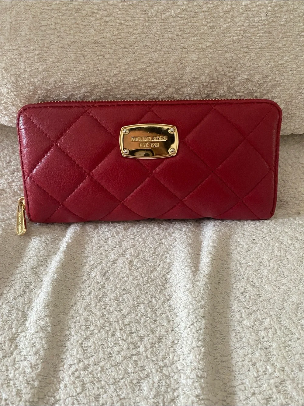 Michael Kors Quilted Red Leather Zip Around Continental Wallet w/ Gold Hardware